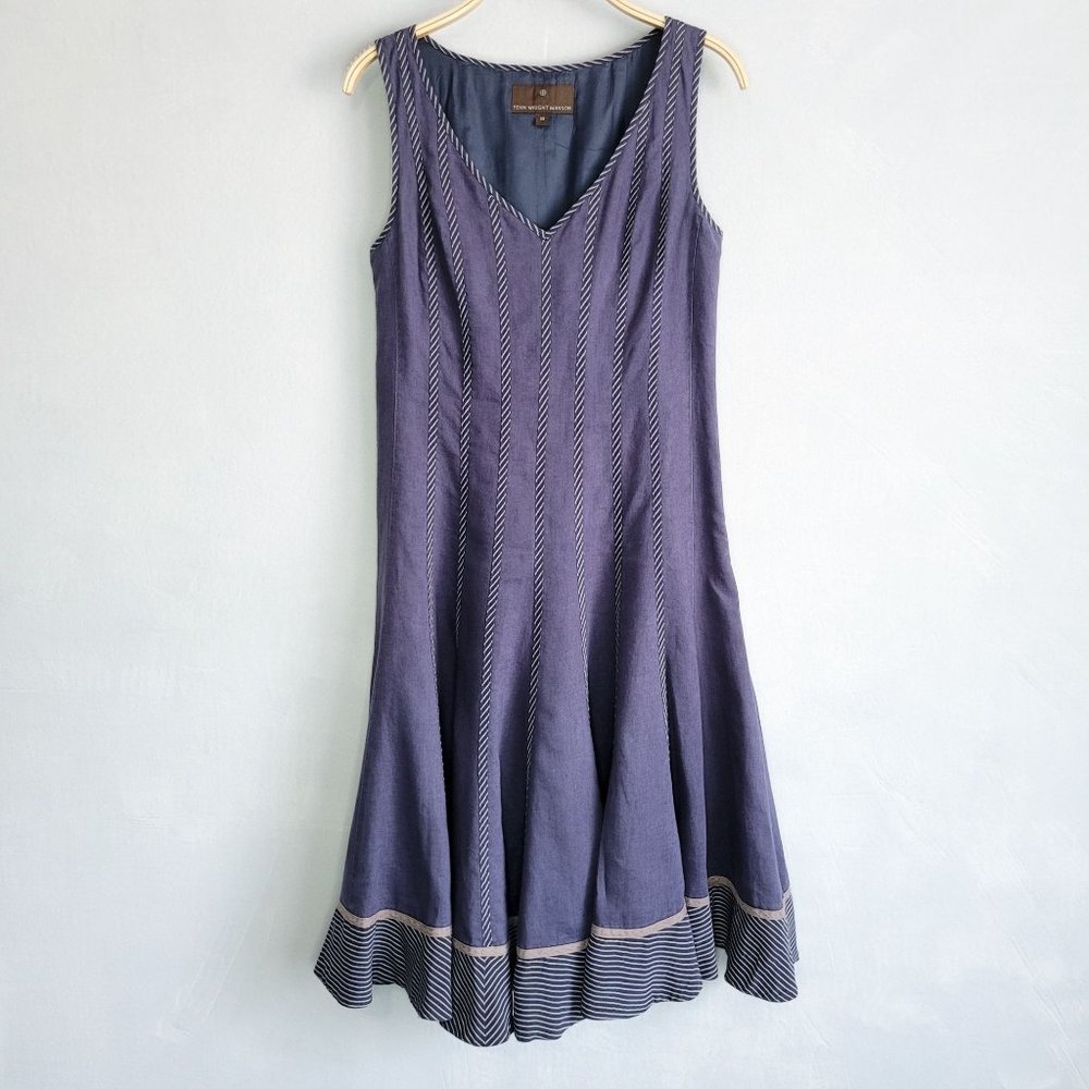 Fenn Wright Manson 100% Linen Striped Nautical Blue Fit & Flare Dress Size 10
